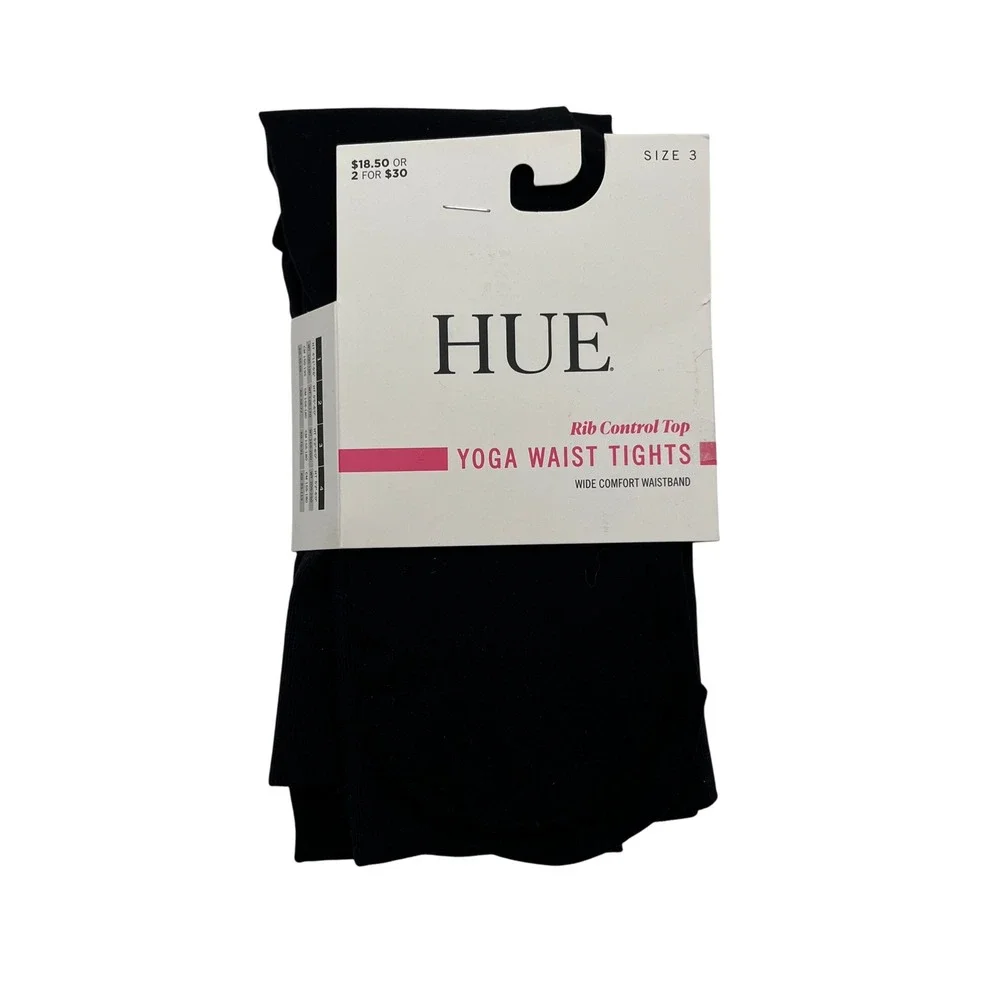 HUE Tights Womens Size 3 Black Yoga Waist Tights Rib Control Top U23389 Blackout